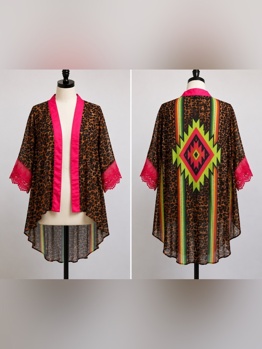 L&B Lucky & Blessed Leopard Aztec Kimono Duster Boho Western M